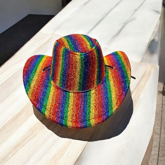Rainbow Sequin Cowboy Hat With Adjustable Strap Costume Celebration Pride Party - Picture 6 of 8